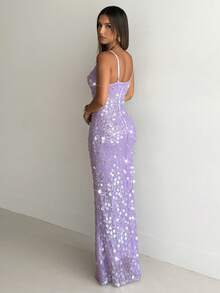 Aloruh 女士纯色亮片深V无袖连衣裙 - 淡紫色 - 查看 8