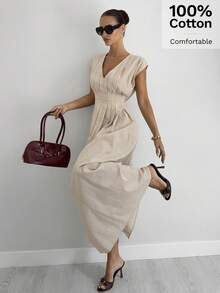 Siren Gaze 女士优雅休闲米色舒适V领短袖褶皱收腰A字飘逸长裙，夏季海滩度假假日派对婚礼宾客毕业典礼办公室工作装长裙休闲长裙夏季连衣裙中长裙女士米色连衣裙女士优雅舒适连衣裙时尚连衣裙女士夏季连衣裙女士优雅套装66499927连衣裙女装连衣裙女士连衣裙正式服装女士休闲连衣裙女士优雅连衣裙米色V领连衣裙 - 杏色 - 查看 1