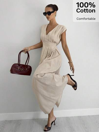 Siren Gaze Vestido maxi elegante y casual de mujer en beige, cómodo, con cuello en V, mangas cortas, plisado, cintura fruncida, corte evasé, ideal para verano, playa, vacaciones, fiestas, bodas, graduaciones, oficina y trabajo