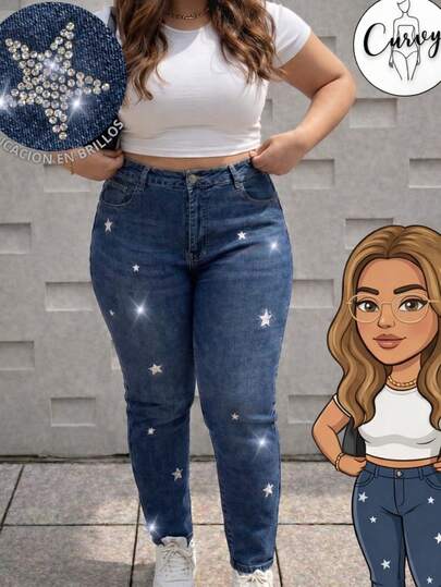 Pantalones pantalón mezclilla blanco jeans mujer dama curvy plus size tallas extra básico vaquero femenino vaqueros skinny fit bolsas bolsillos cintura alta pierna ajustada ajustados ceñidos strech versátil primavera verano casual diario urbano y2k aesthetic escuela trabajo ancho decorado vintage únicos confort día noche salida calle concierto festival música EDC bahidora vive latino estrellas apliques aplicación brillos