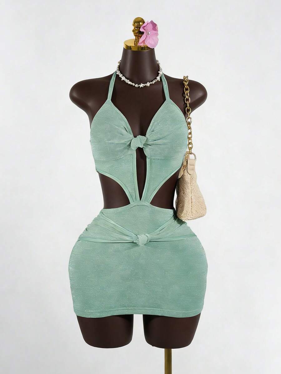 SaltGleam SaltGleam 女士露背吊带紧身连衣裙 - 綠色 - 查看 1