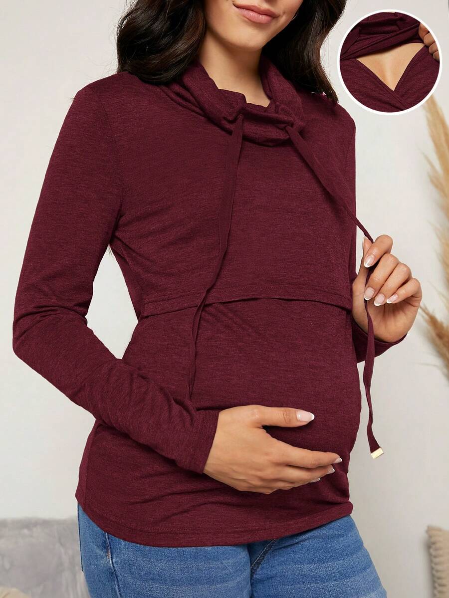 SHEIN Camiseta informal de manga larga con cordón para lactancia materna, para mujeres embarazadas, de unicolor, para primavera y verano. - Burdeos - Ver 1
