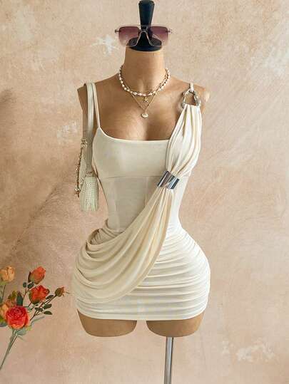 Soleia Women's Solid Color Ruched Bodycon Sexy Spaghetti Strap Mini Dress