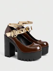ROMWE Grunge Punk Women's Sexy Color Block Fashion Thick Heel Platform Block Heels, Spring/Fall Fashion Solid Color Metallic Double Buckle Adjustable Back Straps Ankle Strap Party Outfit Date Mary Jane High Heel Flat Shoes - Brown - View 2