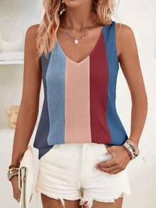 SHEIN LUNE Women's Striped V-Neck Casual Loose Versatile Tank Top - Multicolor - View 4