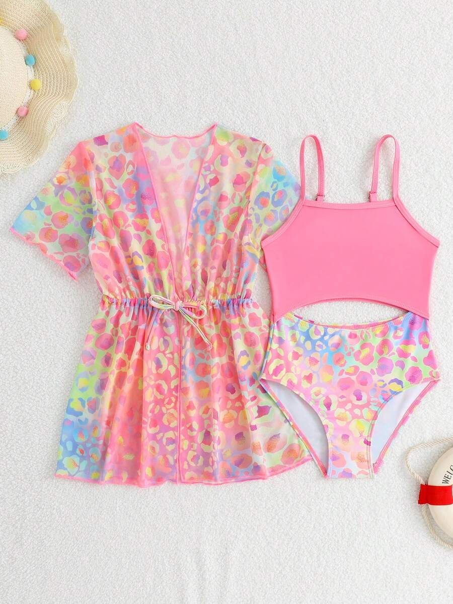 SHEIN 女童(小号)夏季连体泳衣/分体泳衣套装,含防晒衣和和服式开衫,甜甜圈印花,适合海滩度假 - 淺粉色 - 查看 1