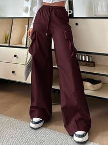 SHEIN EZwear 女士休闲纯色高腰阔腿裤 - 酒紅色 - 查看 5