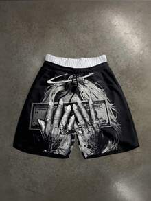 Manfinity ZONE917 Loose Street Style Distressed Money Angel Face Print Dual Waistband Hip Hop Shorts - Black - View 1