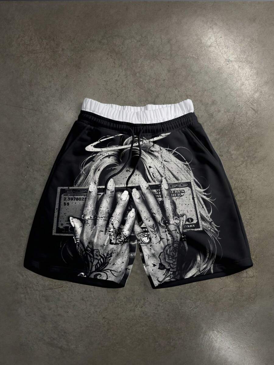 Manfinity ZONE917 Loose Street Style Distressed Money Angel Face Print Dual Waistband Hip Hop Shorts - Black - View 1