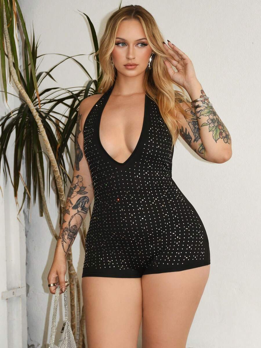 Arliah 女士性感水钻装饰深V领露背连体衣 - 黑色 - 查看 1