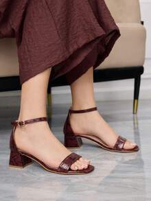 Sleekvia Women's New Chunky High-Heeled Sandals, Simple Design With Ankle Strap, Versatile And Comfortable, Suitable For Going Out, Commuting, Casual, And Vacation. Summer Shoes - Burgundy red - View 2