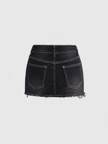 ROMWE Goth Dark Spider Web Embroidery Super Low-Waist Women Denim Mini Skirt - Black - View 2
