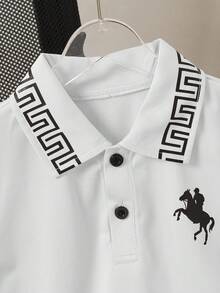 SHEIN Vacaura 青少年男孩骑士印花短袖Polo衫，适合休闲穿着 - 白色 - 查看 3