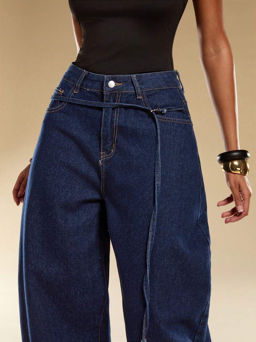 Normani Women's Navy Blue Y2k Wide-Leg Jeans,Autumn Casual Everyday Low Rise Dark Wash Denim Trousers,Vintage 90s Streetwear Baggy Working Pants With Straps - Medium Wash - View 1