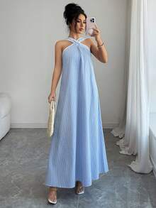 Louniche Women's Summer Cotton Blue Striped Criss-Cross Spaghetti Strap A-Line Sleeveless Open Shoulder Maxi Dress, Sexy Vacation Style, Bohemian Flowy Long Dress For Spring/Summer - Blue - View 3