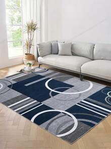 1 Stück waschbarer Teppich, modernes geometrisches Muster, geeignet für Wohnzimmer, Schlafzimmer, Büro, gestreiftes Kreismuster, zeitgenössischer abgenutzter Stil, niedriger Flor, neutrale weiche Farben, Patchwork-Quadratmuster. - Mehrfarbig - Übersicht 5