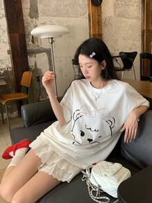 DAZY Women's Crew Neck Cartoon Rhinestone Embellished Short Sleeve Chic Korean Style T-Shirt Graphic Tees Women - White - View 6
