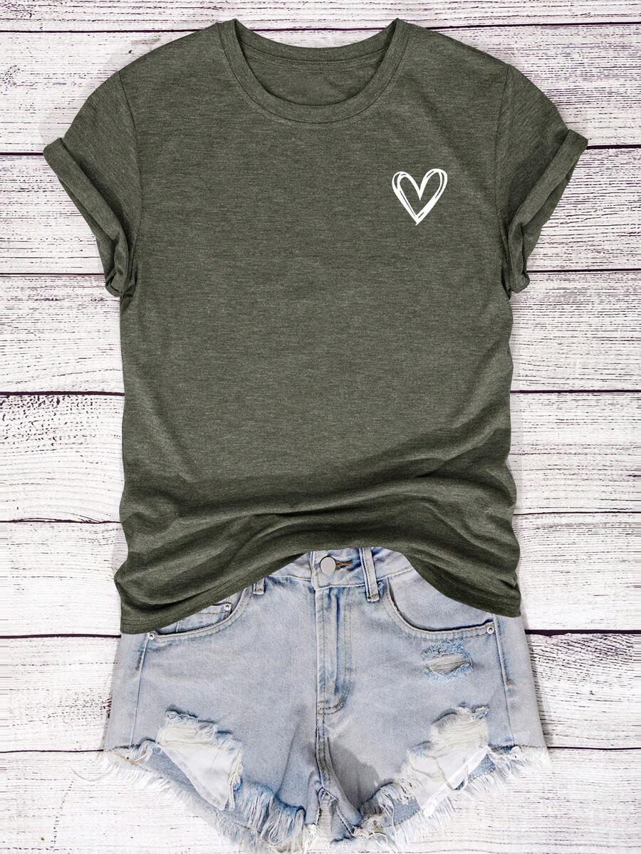 EMERY ROSE Áo thun nữ cổ tròn tay ngắn in hình trái tim, kiểu dáng thường ngày, thời trang. - xanh quân đội - Xem 1