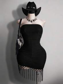 SHEIN ICON Plus Size Women's Y2K Western Music Festival Dress, Asymmetrical Hem Fringed Bandeau Dress Body Fitting Dress Bodycon Dresses For Ladies - Black - View 1