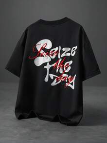 Manfinity Roghcode Camiseta casual holgada de cuello redondo con estampado de eslogan para hombre - Negro - Ver 4