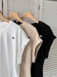 SHEIN LUNE 3件套女士休闲纯色马匹刺绣基础款短袖T恤，适合外出、家庭穿着、姐妹装、时尚、度假、海滩等场合。 - 彩色 - 查看 7