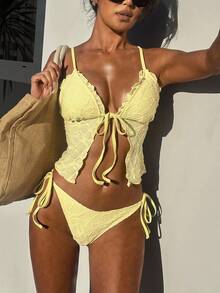 SHEIN Swim Mod 女士夏季沙滩纯色系带吊带背心式泳衣套装 女士度假套装 女士沙滩装 节日装 派对装 沙滩装 婚礼宾客礼服 女士优雅连衣裙 荷叶边连衣裙 黄色上衣 黄色两件套比基尼 女士泳衣 两件套 黄色泳装 黄色泳衣上衣 女士泳装 - 黃色 - 查看 4