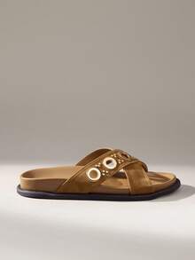 Solecia Damen Schuhe mit Metallringen, Nieten und dekorativem Kreuzriemen-Design, runde Zehenkappe, flache Sohle, flacher Absatz, im Vintage-Western-Stil, aus matter Wildlederoptik und Rindsleder, dunkelbraun, für den täglichen Gebrauch, Zuhause, Einkaufen, Strandurlaub, Café, Marktbesuch - Braun - Übersicht 1