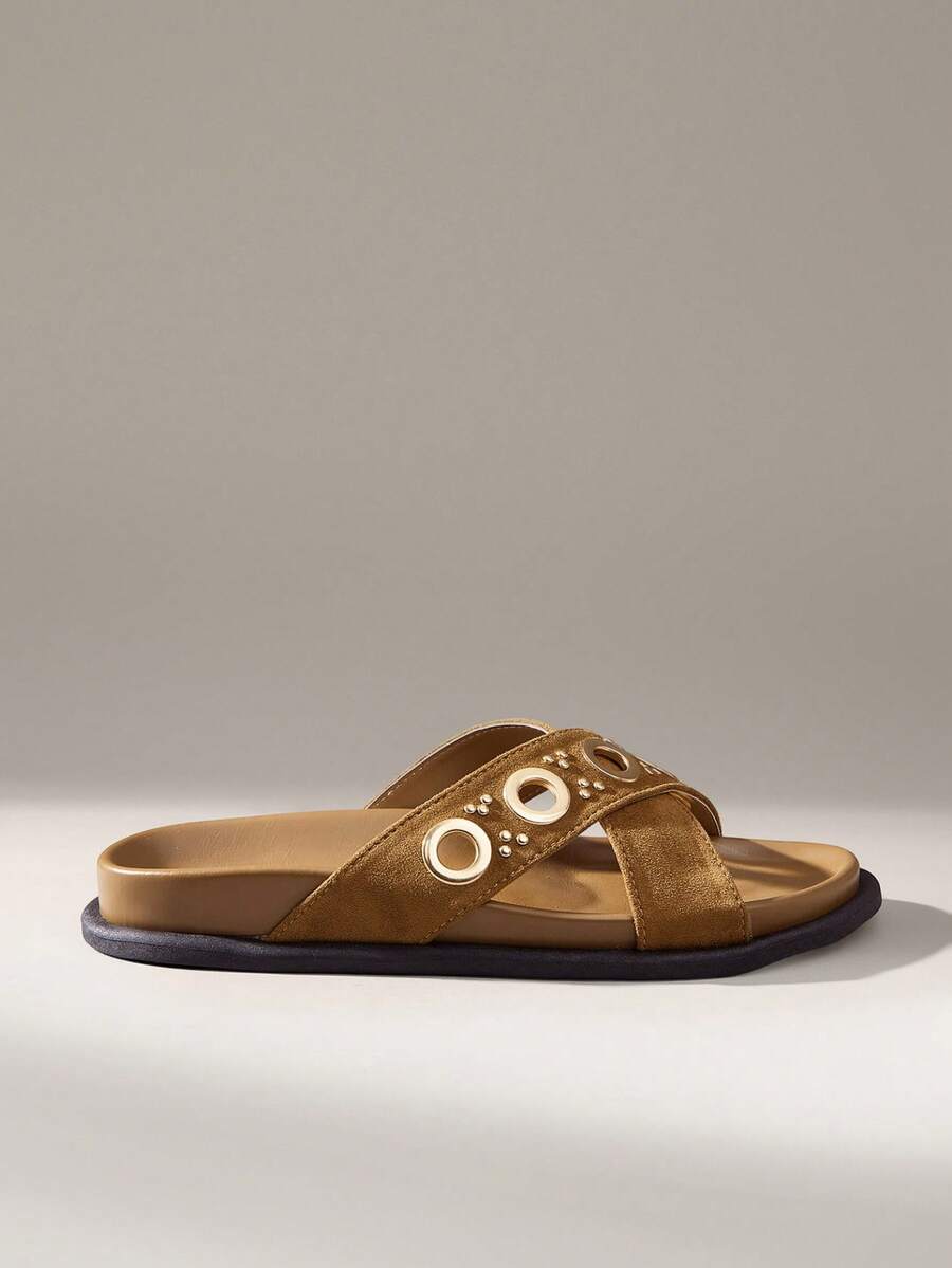 Solecia Damen Schuhe mit Metallringen, Nieten und dekorativem Kreuzriemen-Design, runde Zehenkappe, flache Sohle, flacher Absatz, im Vintage-Western-Stil, aus matter Wildlederoptik und Rindsleder, dunkelbraun, für den täglichen Gebrauch, Zuhause, Einkaufen, Strandurlaub, Café, Marktbesuch - Braun - Übersicht 1