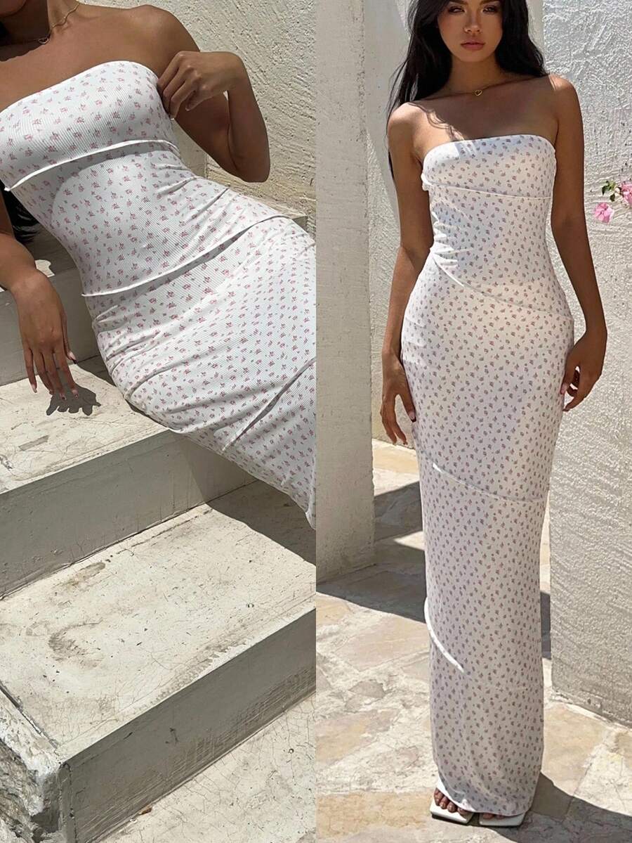 Aloruh 女士性感优雅碎花修身紧身长裙女式夏季连衣裙度假装女士沙滩装