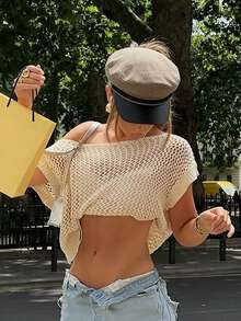 INAWLY Áo croptop dệt kim tay ngắn thời trang đa năng dành cho nữ, khoét vai. - Màu be - Xem 3