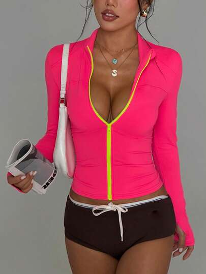 Core Rhythm 女士春秋季运动外套，多巴胺粉色长袖，常规立领，撞色荧光绿拉链，纯色设计，时尚百搭，适合日常休闲、跑步、瑜伽、健身、网球、高尔夫等场合。