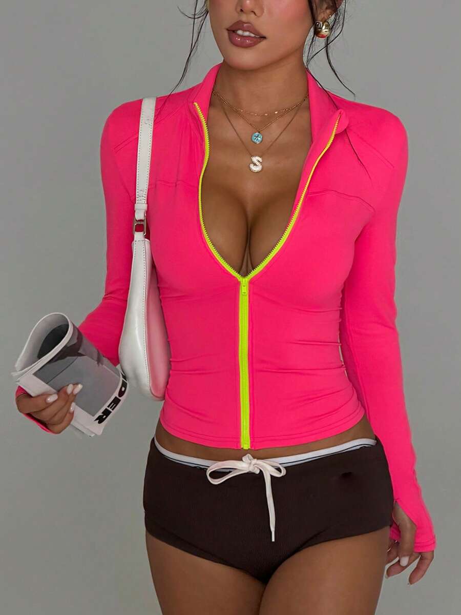 SHEIN Dewbera Women's Hot Pink Summer Sexsy Gym Sports Jacket,Long Sleeve Stand Collar,Contrast Neon Green Zipper,Solid Color Versatile For Running,Yoga,Tennis - Hot Pink - View 1