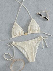 Bonvoyette Women's White Floral Summer Sensual Beach Holiday 2 Pieces Triangle Bikini Set,Halter Tie Top,Side Tie Bottom,Cheeky Thong,Pearl Bead Floral Lace - Brown - View 3