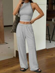 SHEIN EZwear 休闲简约运动风黑白条纹露背吊带背心搭配宽松长裤，女士两件套，春夏百搭单品 - 彩色 - 查看 4