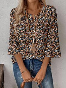 EMERY ROSE Áo sơ mi nữ cỡ lớn tay lửng cổ chữ V in họa tiết hoa lãng mạn kiểu vintage mùa xuân/hè, thích hợp làm áo công sở, áo mùa hè hoặc áo đi nghỉ mát. - Nhiều màu - Xem 5