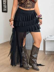 Coolane Falda larga asimétrica con volantes y flecos, de tela de malla transpirable, de estilo boho, Y2K, country, para conciertos y vacaciones, para mujer de talla grande - Negro - Ver 5