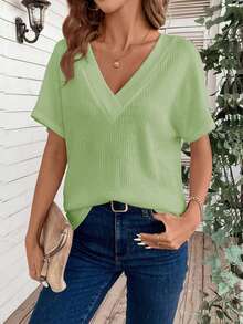 New Fashion Casual Versatile V-Neck Textured Knit Fabric Short Sleeve T-Shirt For Women - Mint Green - View 5