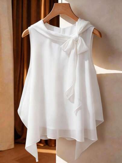 Franclia Blusa de gasa sin mangas con lazo y bajo asimétrico, estilo de resort de moda, primavera/verano, talla grande