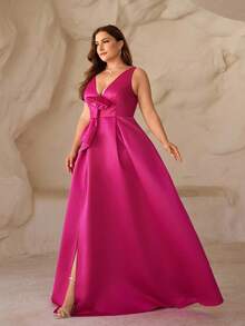 SHEIN Belle Petite Curve Plus Size Petite Fuchsia Deep V-Neck High Slit Asymmetrical Bow Formal Dress,Elegant Evening Gown,Pink,Spring,Formal Party,Prom,Fit For 150-160cm - Hot Pink - View 4