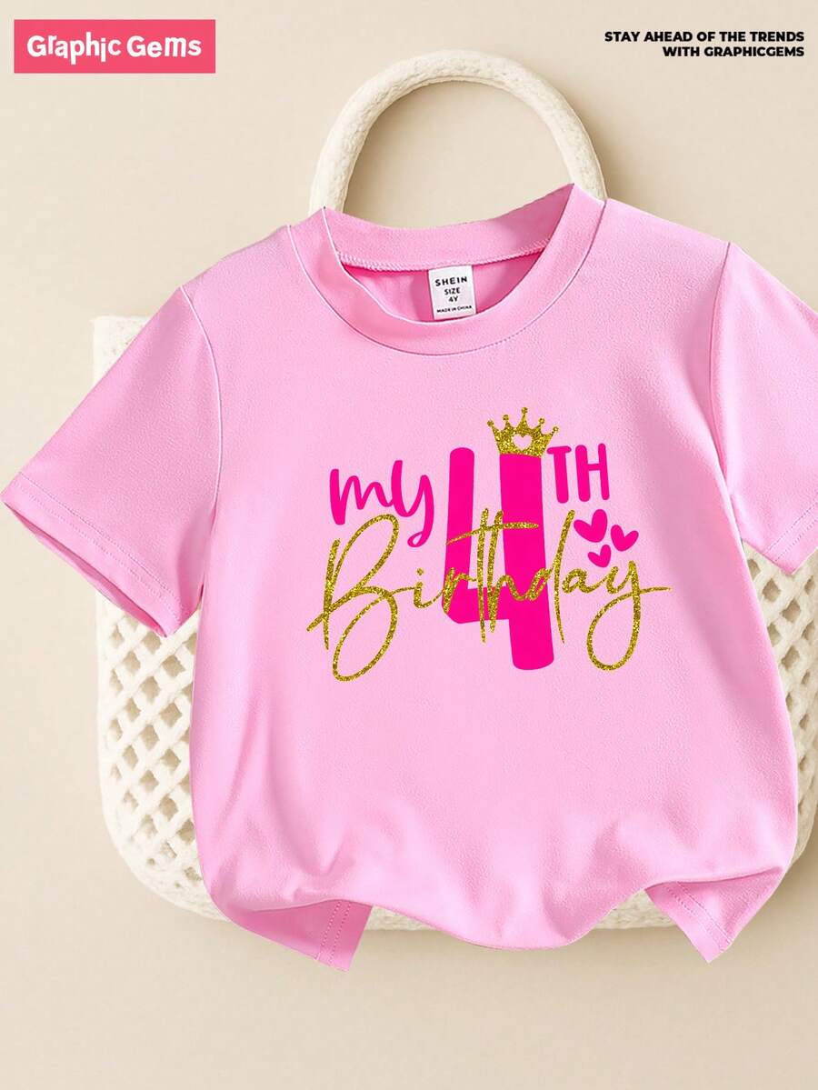 SHEIN GraphicGems Young Girls' T-Shirt / Young Girls' Letter & Graphic Round Neck Short Sleeve T-Shirt, Cute 4th Birthday Theme Pink T-Shirt, Ideal Choice For Young GirlFashionable & Adorable Birthday T-Shirt, Suitable For All Seasons, Cute Birthday Party T-Shirt, Pink T-Shirt - Pink - View 1