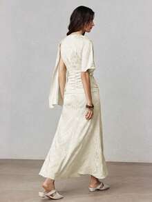 ZEYLAH Jacquard Asymmetric Shoulder Fitted Mid-Length Dress, Autumn Dinner Date Beige Elegant - Apricot - View 3