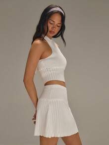 Athîral Women's Casual Vacation Sleeveless Off Shoulder Knitted Vest And Mini Skirt 2-Piece Set, Spring And Summer Wear, White Knitted Set, Date Party Wear, Youthful And Energetic Wear, Daily Wear, Cute And Lively Wear, Holiday Wear - White - View 5