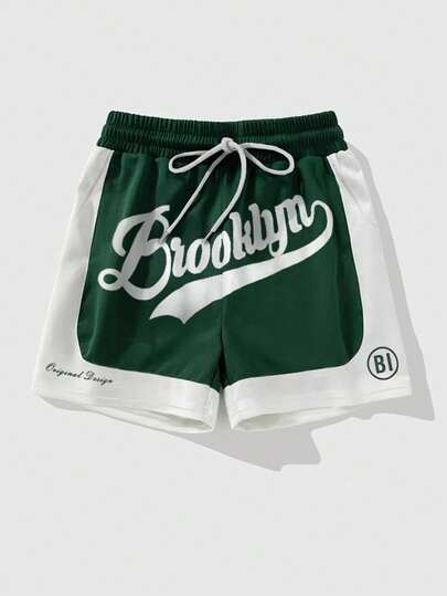 ROMWE MEN Street Life 青少年学院风字母印花抽绳腰短裤，适合夏季穿着