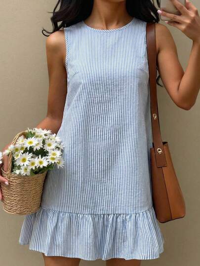 SHEIN Teen Girls' Round Neck Blue & White Striped Casual Summer Dress With Ruffle Hem Light Blue Striped Dress Preppy Dress Summer Casual Dress Sleeveless Ruffle Dress