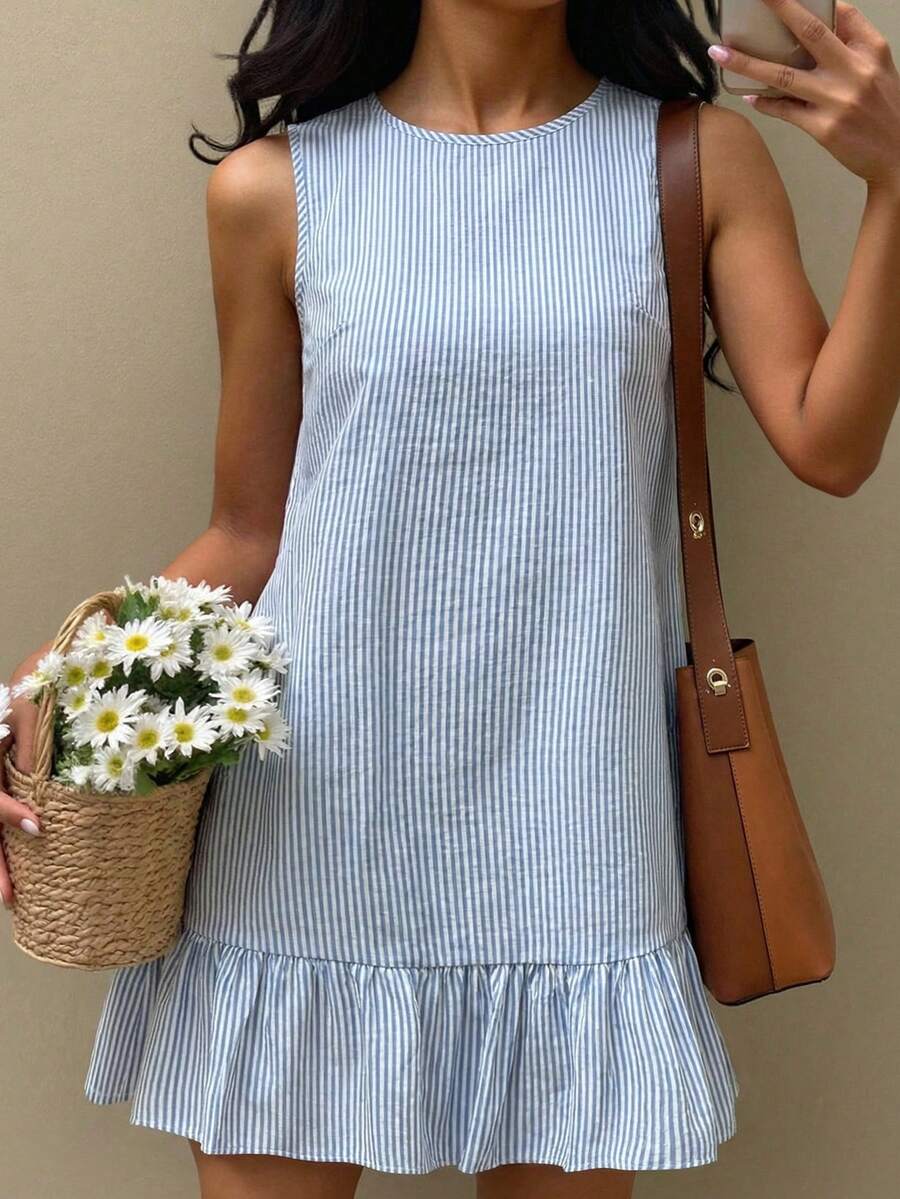 SHEIN Teen Girls' Round Neck Blue & White Striped Casual Summer Dress With Ruffle Hem Light Blue Striped Dress Preppy Dress Summer Casual Dress Sleeveless Ruffle Dress - Blue and White - View 1