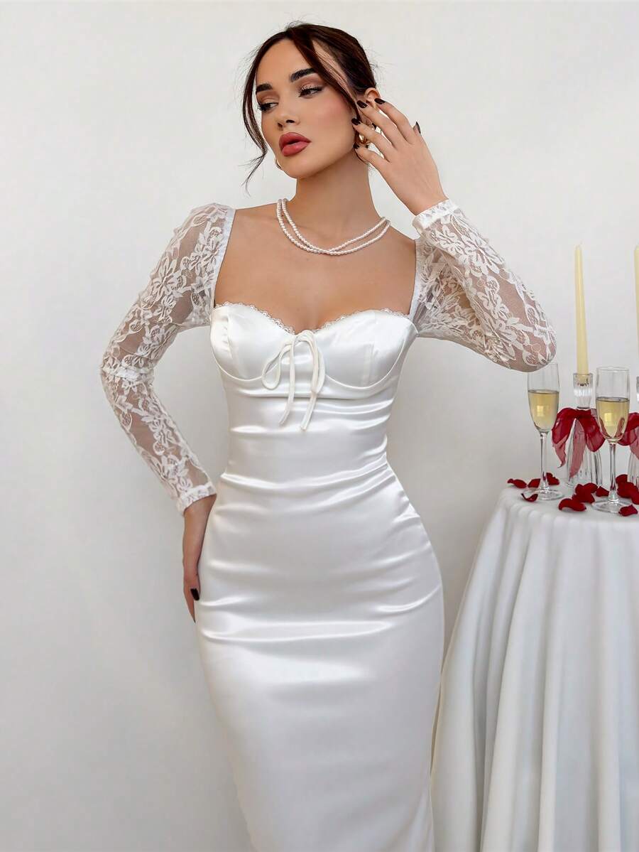 Aloruh Vestido de satén largo y elegante para el Día de San Valentín con cuello cuadrado, cuello con forma de corazón, encaje y manga larga transparente para mujer, vestido blanco para el Día de San Valentín - Blanco - Ver 1