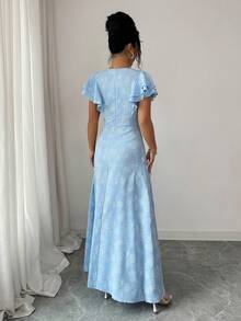 SHEIN Elenzya 女士时尚优雅V领荷叶袖收腰连衣裙 - 藍色 - 查看 2