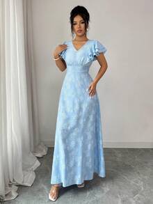 SHEIN Elenzya 女士时尚优雅V领荷叶袖收腰连衣裙 - 藍色 - 查看 5