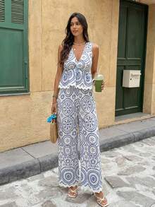 SHEIN Frenchy 女士V领印花扭结荷叶边下摆上衣和阔腿裤休闲两件套 - 彩色 - 查看 3