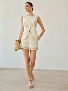 MOTF PREMIUM WOMEN'S SLEEVELESS FLORAL EMBROIDERED BUTTON-UP THIN JACKET TOP FOR VACATION - Apricot - View 5